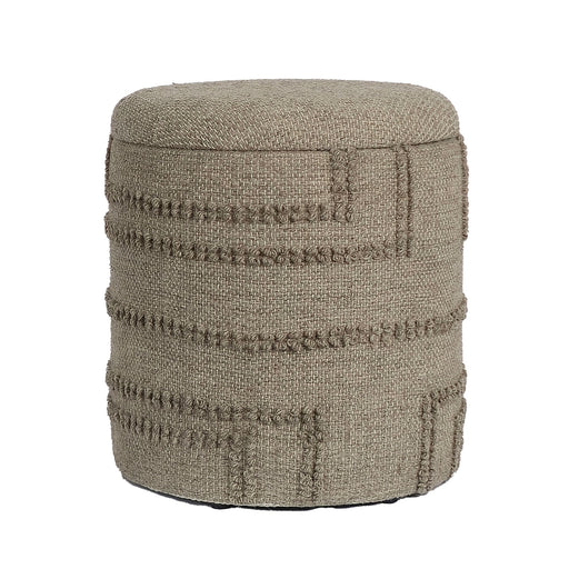Sitzhocker rund Wolle Braun mit strukturiertem Wollbezug und horizontalen Zierstreifen in Gesamtansicht.