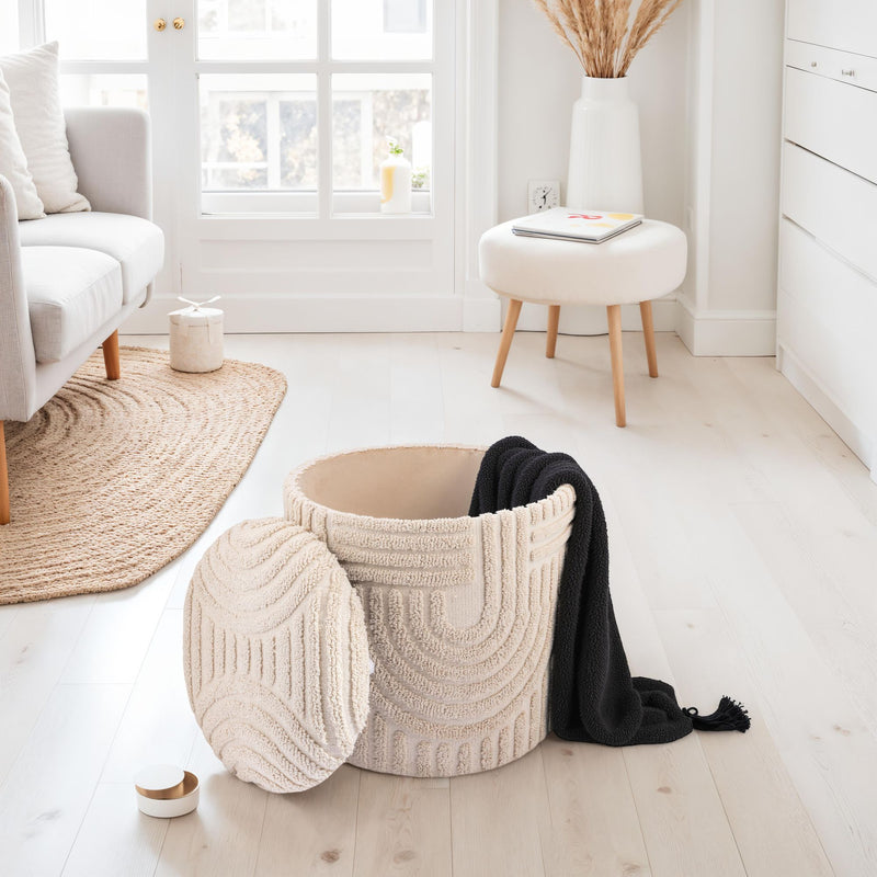 Dekohocker Stauraum Baumwolle Ø40×45cm abnehmbarer Deckel Beige Boho