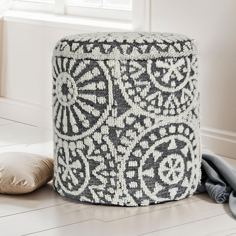 Sitzhocker rund Ø40x45cm Wolle Grau-Creme Stauraum Boho Design