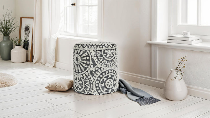 Sitzhocker rund Ø40x45cm Wolle Grau-Creme Stauraum Boho Design