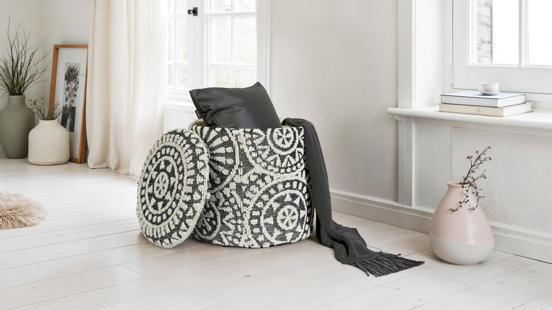 Sitzhocker rund Ø40x45cm Wolle Grau-Creme Stauraum Boho Design