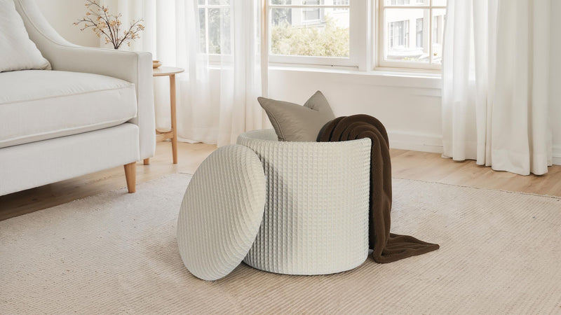Sitzhocker mit Stauraum rund Ø40x45 cm Beige Baumwolle abnehmbar