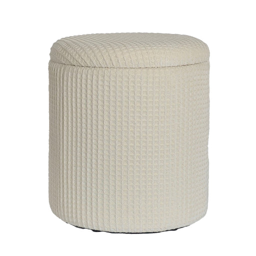 Sitzhocker mit Stauraum rund in Beige mit vertikaler Rippstruktur und abnehmbarem Deckel, Gesamtansicht.