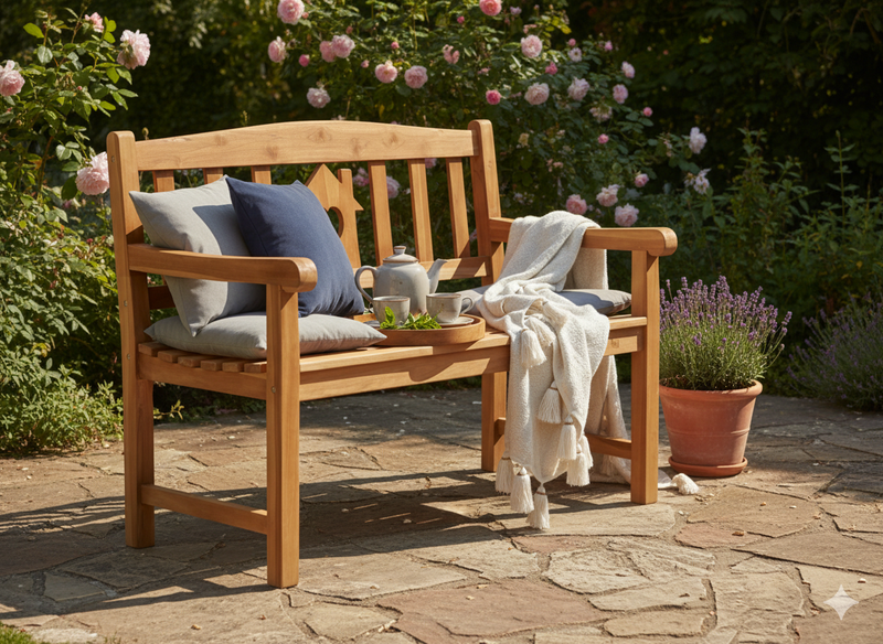 Gartenbank Teak 2-Sitzer HOME | mit Haus & Herz Design