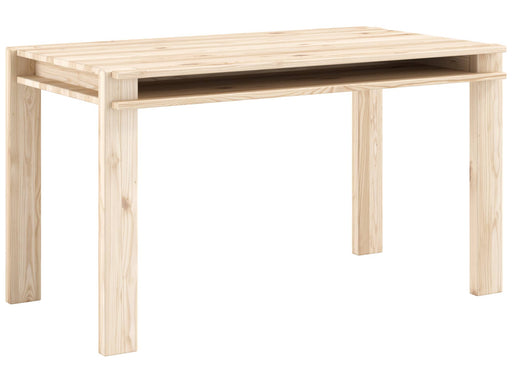 Esstisch TUCK Dining Table aus Kiefernholz in Natur mit ausziehbarem Tablett unter der Tischplatte, Gesamtansicht.