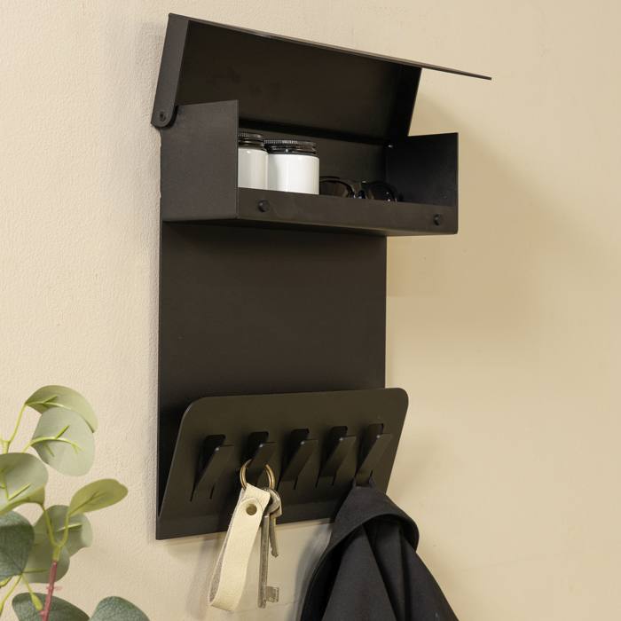 Wandgarderobe KEEPER Schwarz Garderobe 5 Haken und Klappe, von Spinder