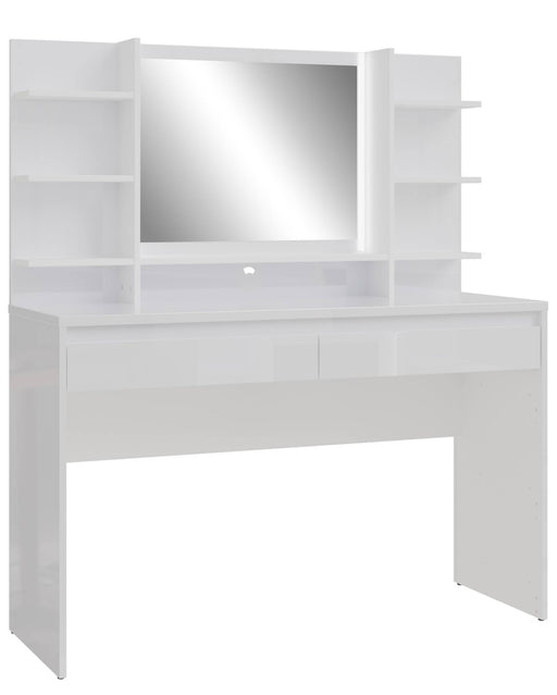 Schminktisch LAYTON Weiß High Gloss mit beleuchtetem Spiegel und seitlichen Ablagefächern, Gesamtansicht von vorne.
