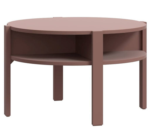 Couchtisch TOBAGO rund in Terracotta mit offenen Ablagefächern in der Seitenansicht.