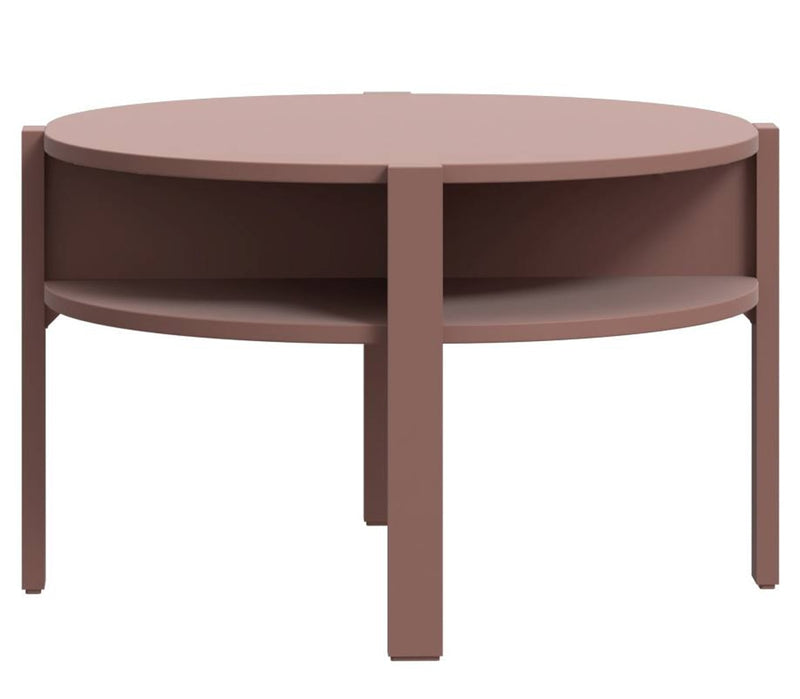 Couchtisch TOBAGO rund mit Terracotta-Holzgestell und offenen Seitenfächern, Gesamtansicht von vorne.