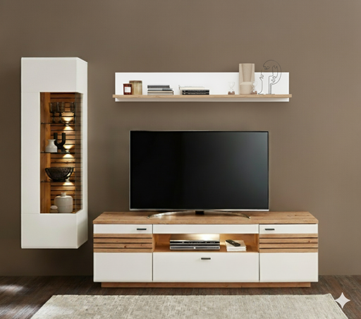 Wohnwand Fresno 40C5HW85 in Weiß mit Eiche-Absetzung, Gesamtansicht mit TV-Board, Vitrine und Wandregal.