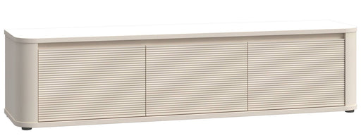 Lowboard TV-Board BREATHTAKER mit 3 Türen in Gesamtansicht von vorne, horizontales Design mit gerillten Fassaden.