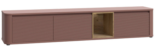 TV-Board Lowboard BREATHTAKER 215 in Gesamtansicht von vorne mit drei Schiebeklappen und offener Nische in der Mitte.