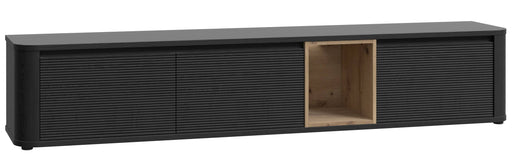 TV-Board BREATHTAKER 215 in Gesamtansicht mit schwarzen Schiebeklappen und offenem Mittelregal in Holzoptik.