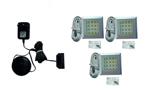 LED Beleuchtung Farbton neutralweiß, 54x54 mm 3er-Set mit Netzteil und Anschlusskabeln, Gesamtansicht aller Komponenten.