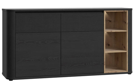 Sideboard BREATHTAKER mit zwei Schiebetüren in Schwarz und offenem Regalfach in Holz, Gesamtansicht von vorne.