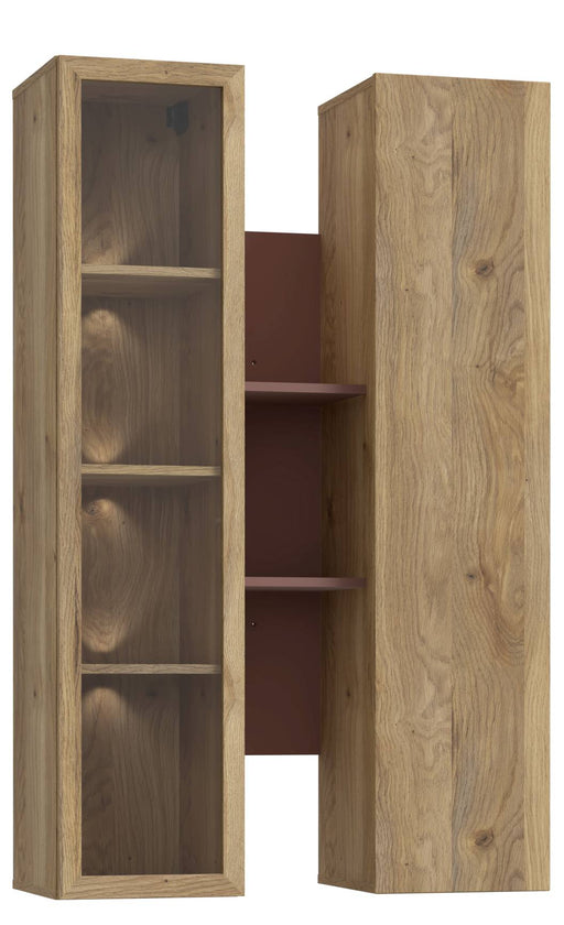 Hängevitrine Wandregal BREATHTAKER mit Glastür links, burgundy Regalelement in der Mitte und geschlossener Tür rechts.