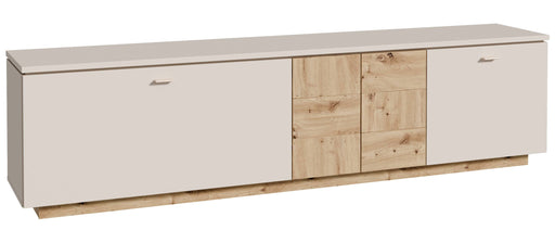 TV-Board LOUOTO Lowboard mit drei Türen in Sand und Artisan-Eiche-Dekor, Gesamtansicht von vorne.
