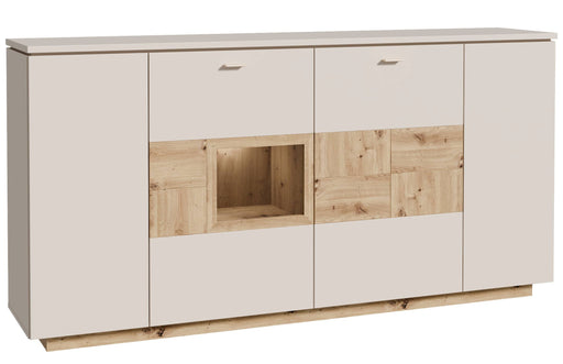 Sideboard Kommode LOUOTO 4 Türen Dekor Sand / Artisan Eiche in Gesamtansicht mit beigen Türen und mittlerer Nische.