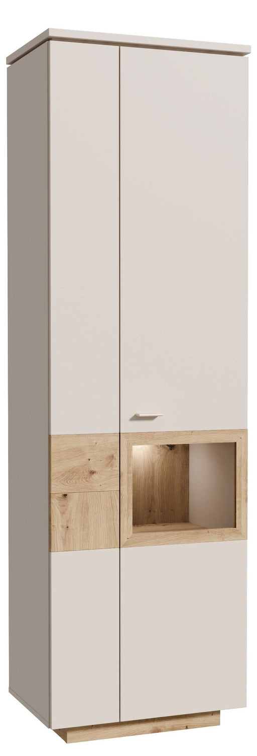 Vitrine Schrank LOUOTO mit zwei Türen in Creme und Artisan Eiche, Gesamtansicht mit offenem Vitrinenfach in der Mitte.