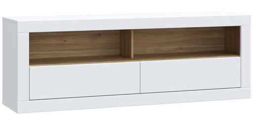 TV-Board LEFKADAS Lowboard Weiß seidenmatt in Gesamtansicht mit zwei Schubladen und offenen Fächern mit Walnussholz-Rückwand.