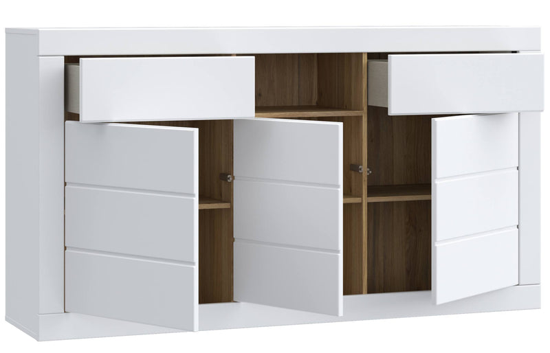 Sideboard Kommode LEFKADAS Weiß seidenmatt 3 Türen 2 Schubladen, Forte