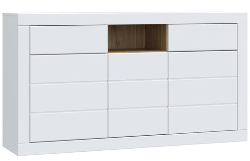 Sideboard Kommode LEFKADAS in Weiß mit drei Türen, zwei Schubladen und offener Nische mit Walnussholz-Einsatz.
