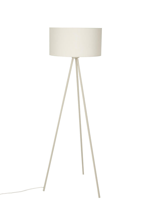 Stehlampe Susie Beige mit dreibeinigem Metallgestell und zylindrischem Stoffschirm, Gesamtansicht.