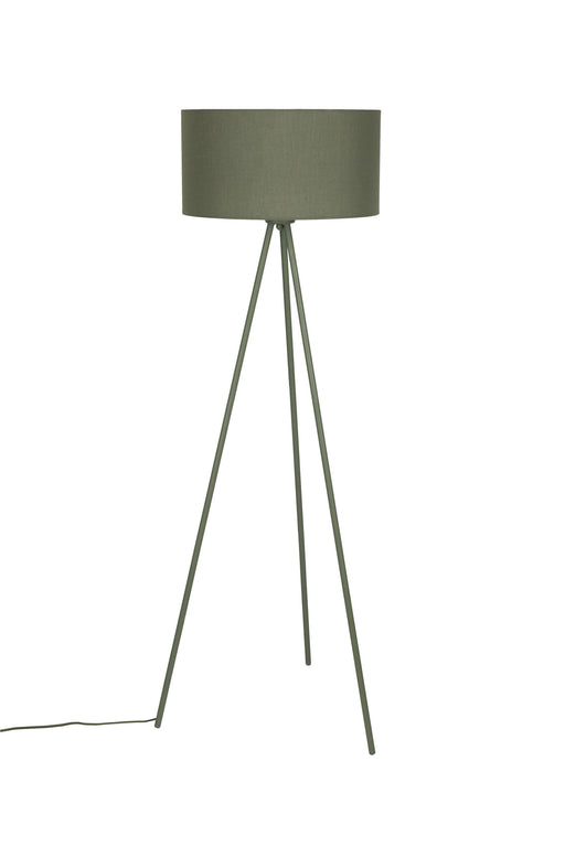 Stehlampe Susie Grün mit grünem Stoffschirm und dreibeinigem Metallgestell in Gesamtansicht.