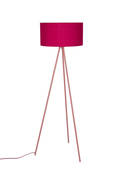 Stehlampe Susie Rot mit dreibeinigem Metallgestell und zylindrischem Stoffschirm in Gesamtansicht.