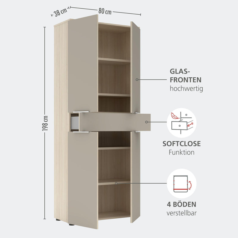 Büroschrank SANTORIN 80x198 cm Riva Eiche & Glas Cashmere Hochglanz
