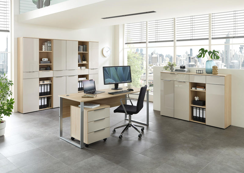 Schmales Büroregal SANTORIN Riva Eiche 6 Fächer & Schubkasten