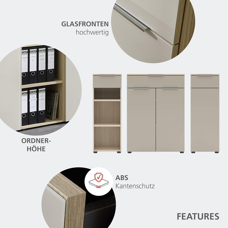 Kompakter Büroschrank SANTORIN Riva Eiche & Glas Cashmere 110 cm
