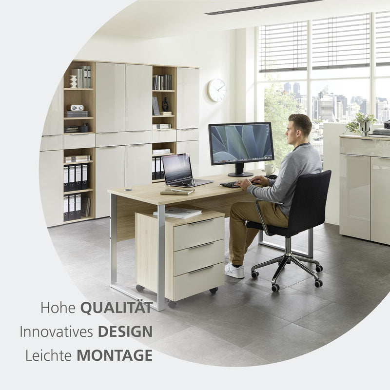 Kompakter Büroschrank SANTORIN Riva Eiche & Glas Cashmere 110 cm