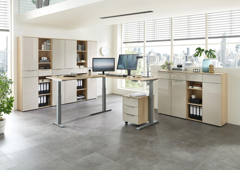 Komplettbüro SANTORIN I Riva Eiche & Glas Cashmere 10-teilig