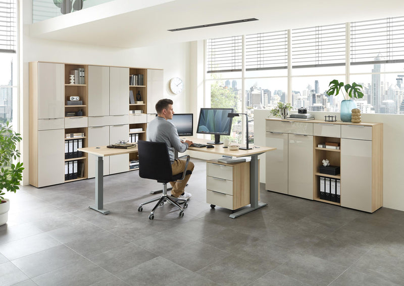Komplettbüro SANTORIN I Riva Eiche & Glas Cashmere 10-teilig