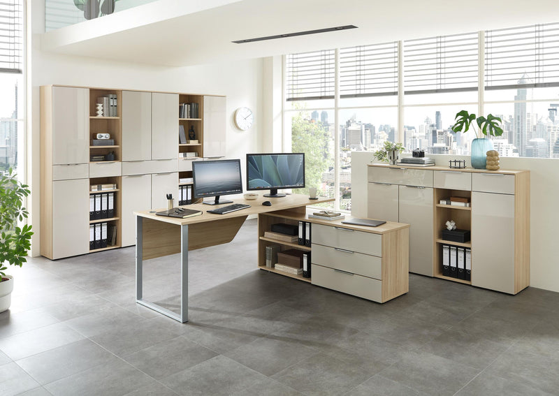 Komplettbüro SANTORIN II Riva Eiche & Glas Cashmere 9-teilig