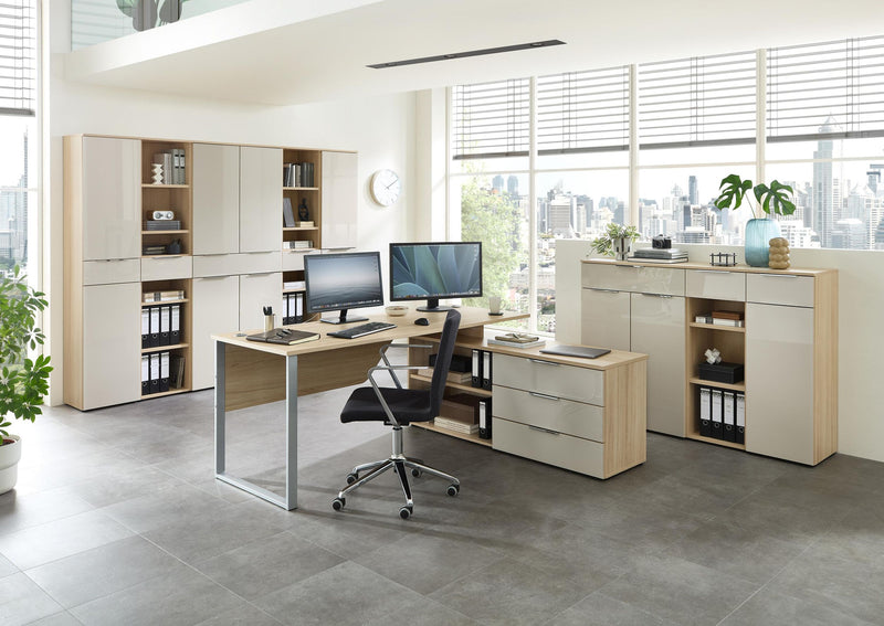Komplettbüro SANTORIN II Riva Eiche & Glas Cashmere 9-teilig