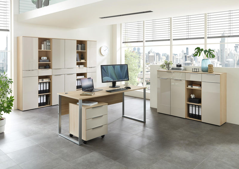Komplettbüro SANTORIN III Riva Eiche & Glas Cashmere 10-teilig