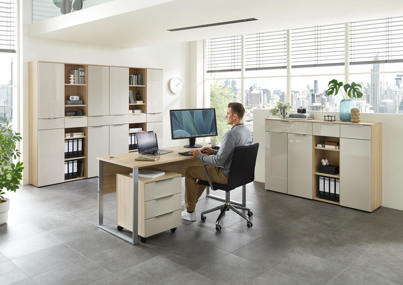 Komplettbüro SANTORIN III Riva Eiche & Glas Cashmere 10-teilig