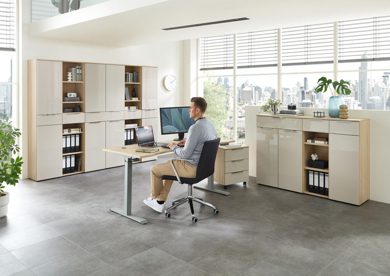 Komplettbüro SANTORIN IV Riva Eiche & Glas Cashmere 10-teilig