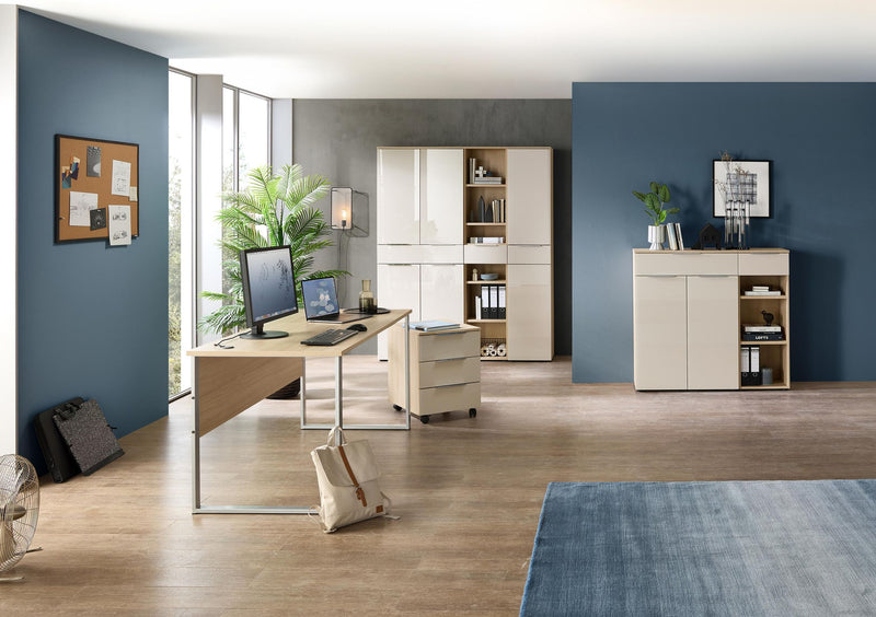 Komplettbüro Büro-Set SANTORIN V Riva Eiche & Glas Cashmere 7-teilig