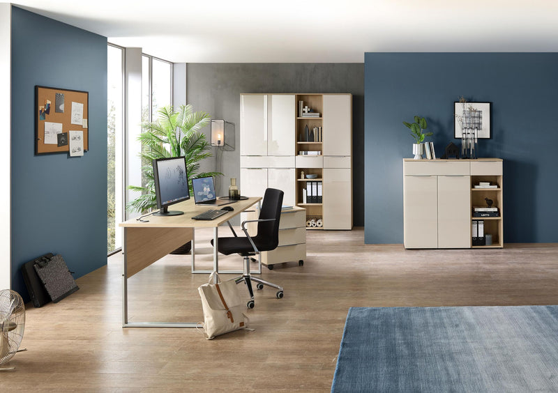 Komplettbüro Büro-Set SANTORIN V Riva Eiche & Glas Cashmere 7-teilig