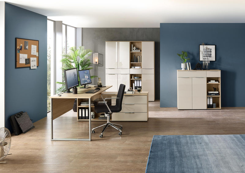 Komplettbüro Büro-Set SANTORIN VI Riva Eiche & Glas Cashmere 6-teilig
