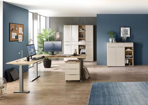Möbelando Büro-Set Olivia I – 9-teilig, Lichtgrau, Mit Rollcontainer, 2 Aktenschränken, Regalen & Winkelkombination