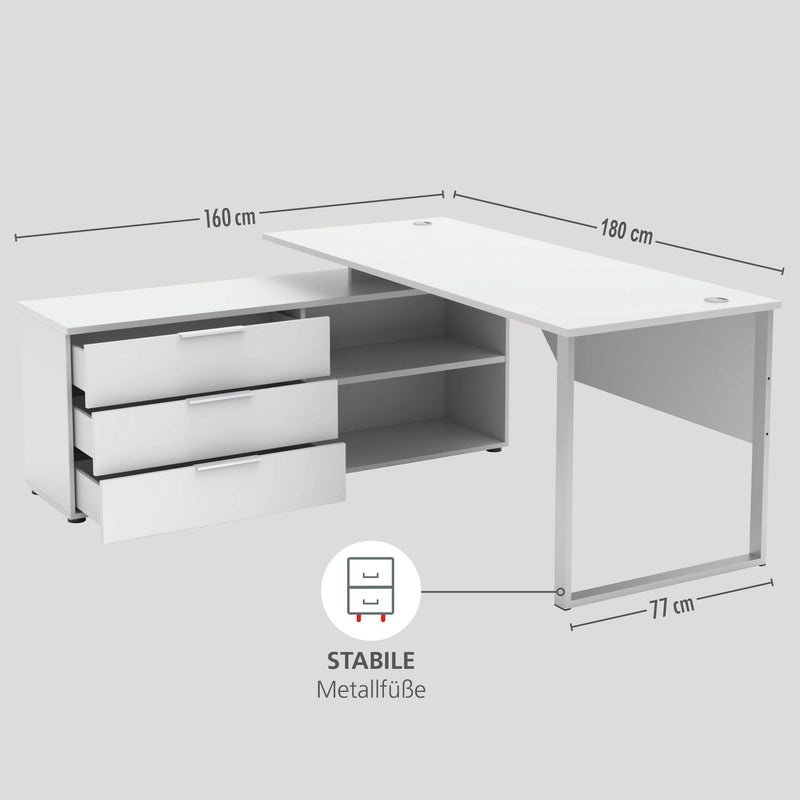 Winkel-Schreibtisch SANTORIN Weiß & weißem Glas 180 x 160 cm