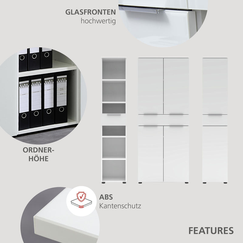 Büroregal SANTORIN Weiß & weißes Glas – schmal 40x198 cm