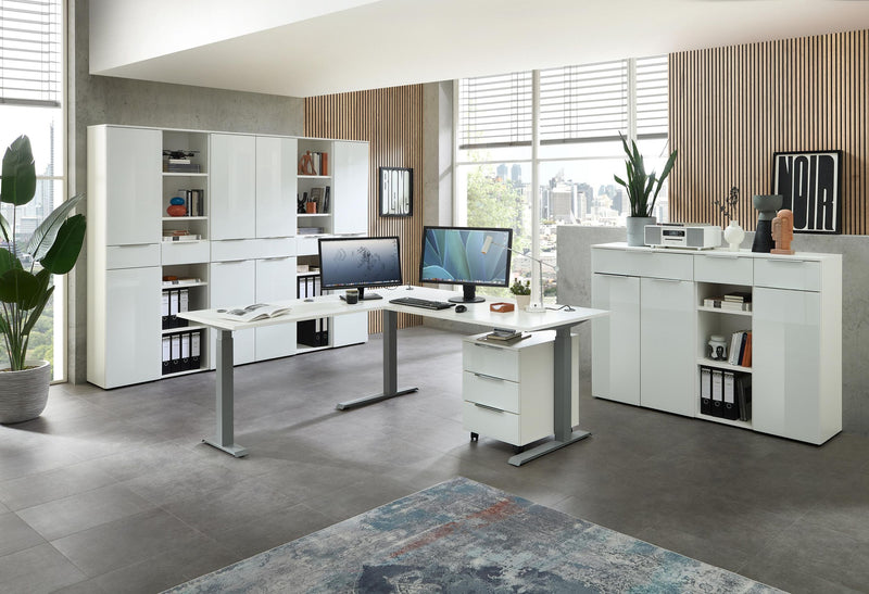 10-tlg. Komplettbüro SANTORIN Weiß & Glas – inkl. Eckschreibtisch