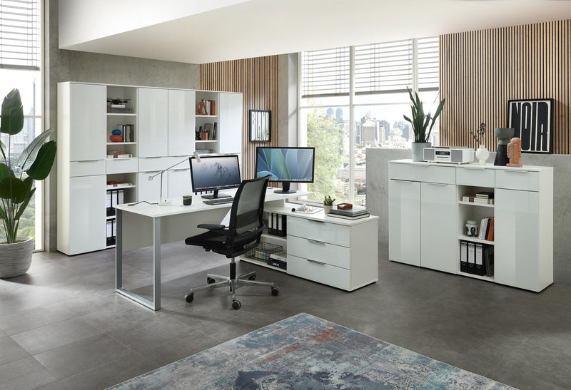 9-tlg. Komplettbüro SANTORIN II Weiß & Glas – inkl. Eckschreibtisch