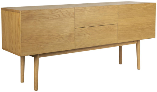 Zuiver HIGH ON WOOD Sideboard in Eiche Natur, Gesamtansicht mit drei Türen und zwei Schubladen auf schlanken Beinen.