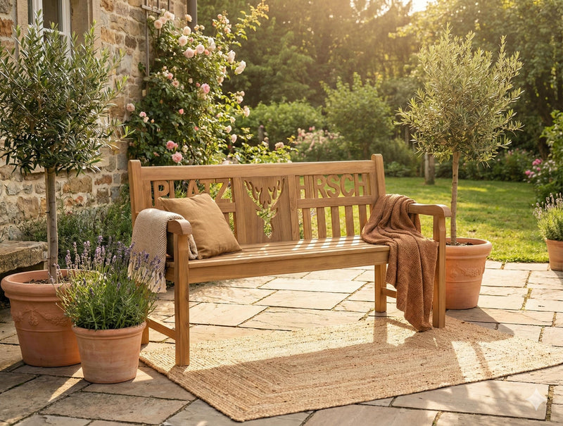 Teak Gartenbank PLATZHIRSCH 150 cm 3-sitzig mit Armlehne